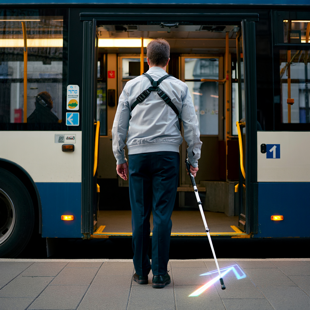 die App erkennt mittels Kamera und KI die Bustür und  führt den blinden Menschen mit Sprachhinweisen.
