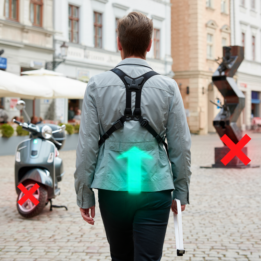 Die Kamera und KI App führt den blinden Menschen über einen Platz und vermeidet feststehende und mobile Hindernisse (z.B. Statue, Scooter).