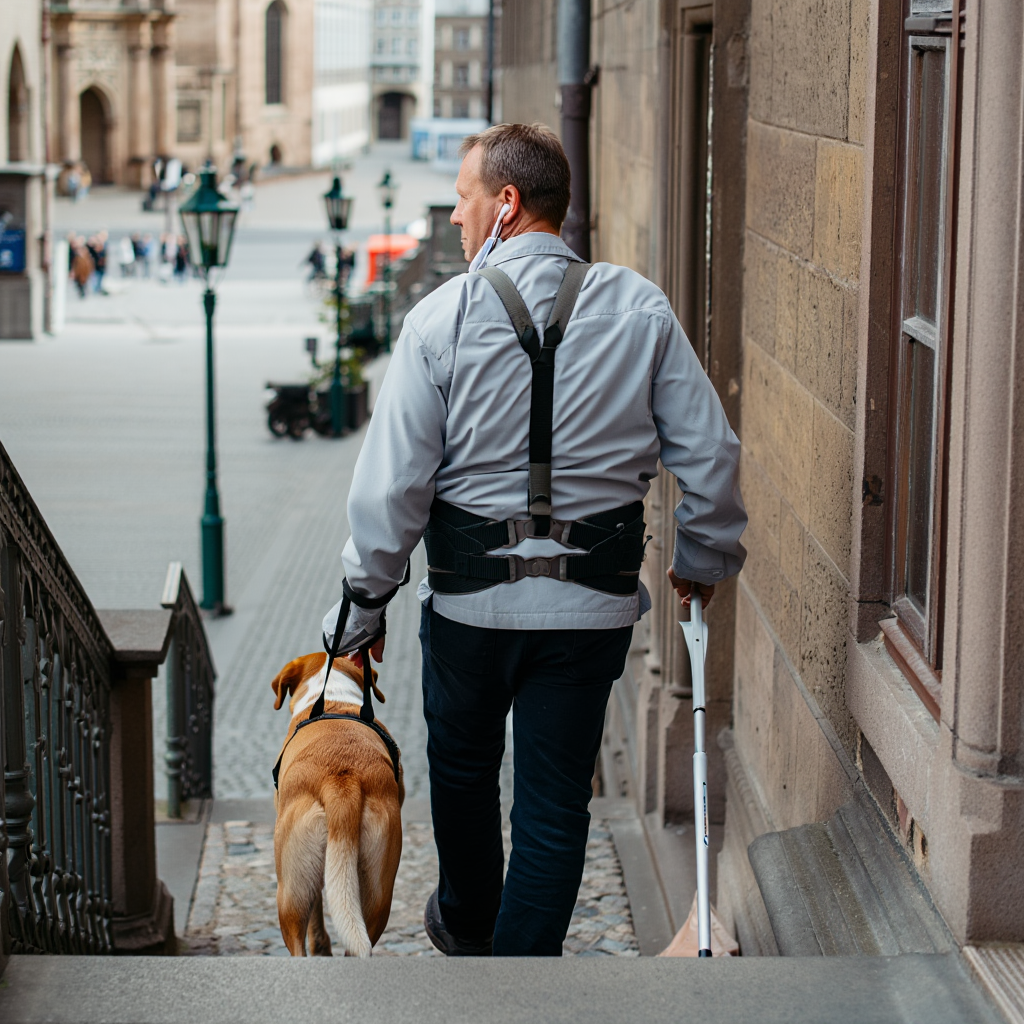 während der Hund aus einem Gebäude und eine Treppe herunter führt, behält die Kamera und KI App den Überblick, was weiter vorne kommt.